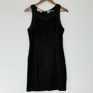 VINTAGE Laurence Kazar Dress Womens Small Black Beaded Cocktail Sheath Party 90s